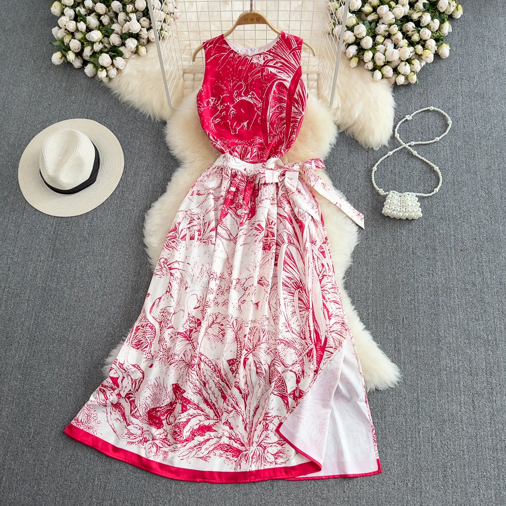 

Fashion Suit Women's Clothing Summer Dresses 2022 Printed Round Neck Vest Dress+High Waist Slit Skirt Two Piece Set Women