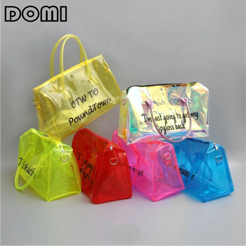 

DOMI Holographic TPU Hoe Tote Overnight Weekend Clear PVC Spinnanight Bags Travel Transparent Spend One Night Duffelf For Women