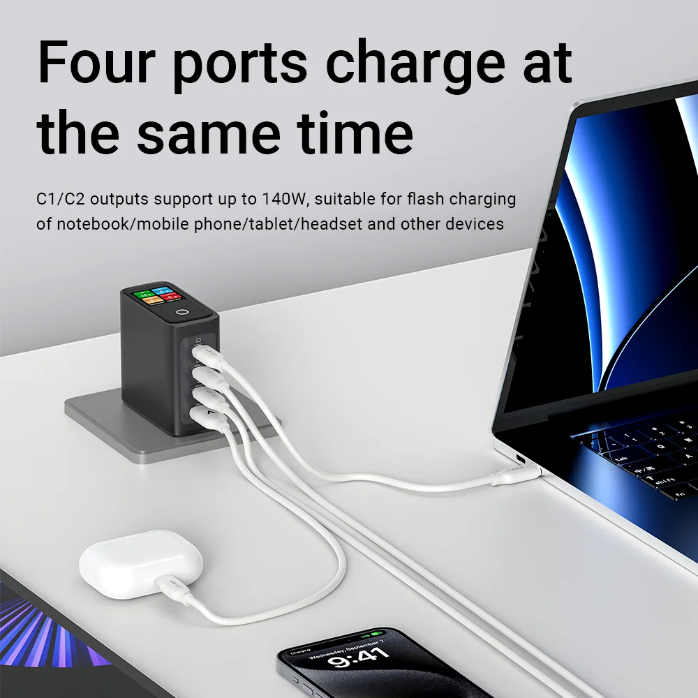 Фото Зарядное устройство ACEFAST US Plug GaN 140W с быстрой зарядкой и LED-дисплеем для iPhone 17/16 Pro Max, USB-C, USB-A, сетевой адаптер для путешествий №3