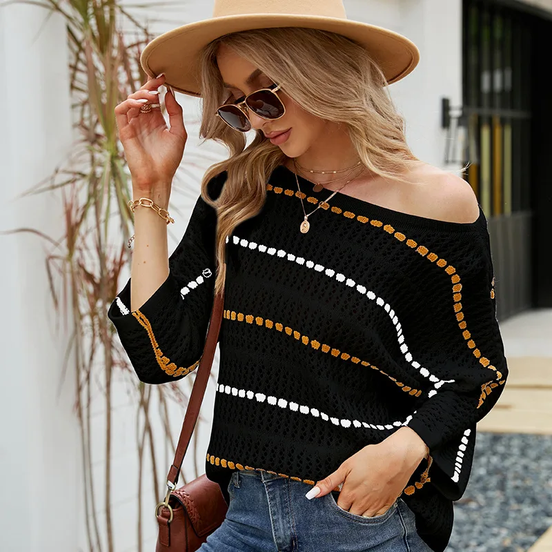 Loose blouse temperament stripe 3/4 sleeve knitwear straight neck hollow knit blouse women autumn spring clothes bottom sweater images - 6