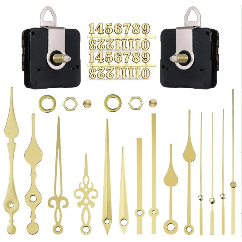

2Pcs Silent Wall Clock Quartz Movement Mechanism Kit With Gold Hands And Arabic Number DIY Repair Parts Replacement 18Mm