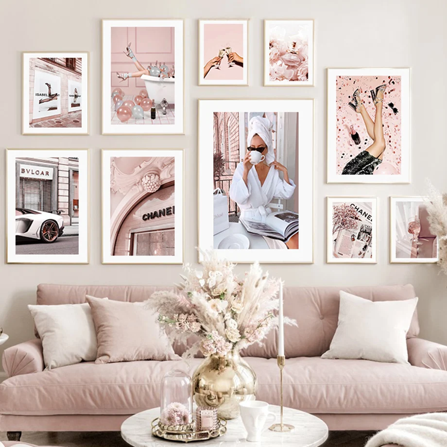 

Fashion Woman Perfume Luxury Car Heels Nordic Wall Art Canvas Painting Pink Posters And Prints Pictures For Living Room Decor