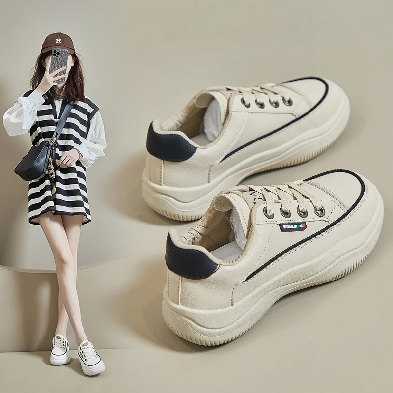 

2023 Four Seasons White Shoes New Korean Version of Female Students Thick Soles Increase Sports Board Shoes Fashion Casual Shoes