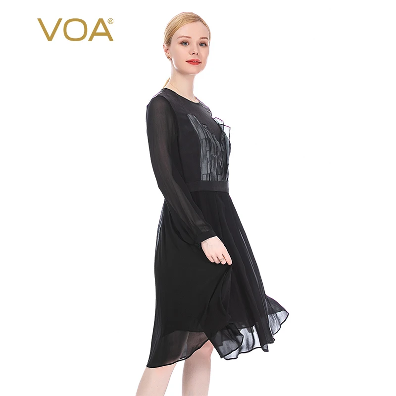 (Clearance Sale) VOA Silk Appliques Black Georgette Long Sleeve Dress Splicing Pleated Elegant Dresses Women Clothing AE136