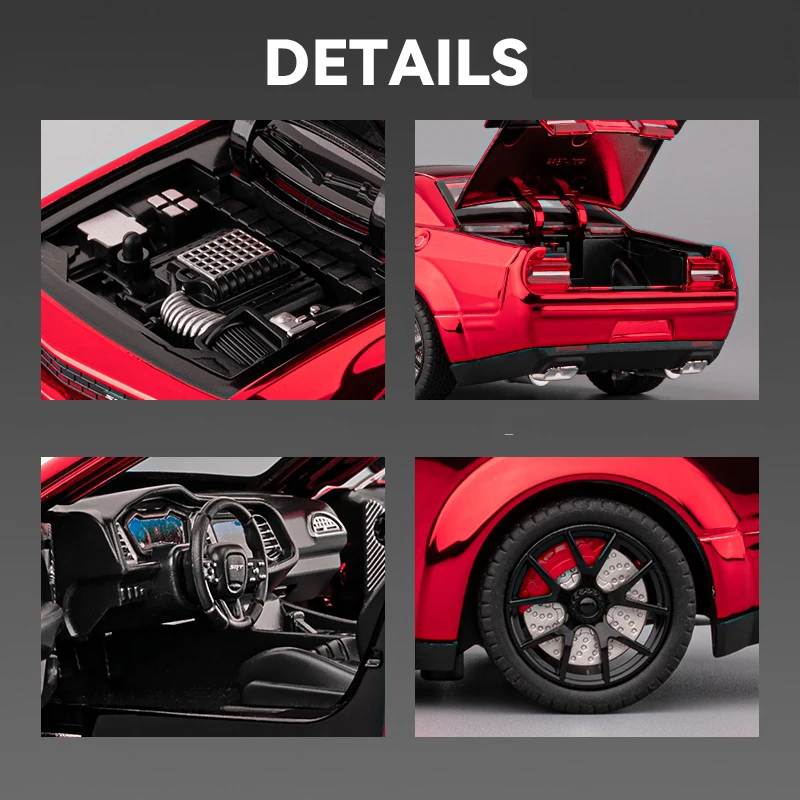 Фото 1:24 Dodge Challenger SRT Hellcat, гальваническая модель спортивного автомобиля из сплава, металлическая гоночная машина, модель автомобиля, звуковой свет, детская игрушка в подарок №5