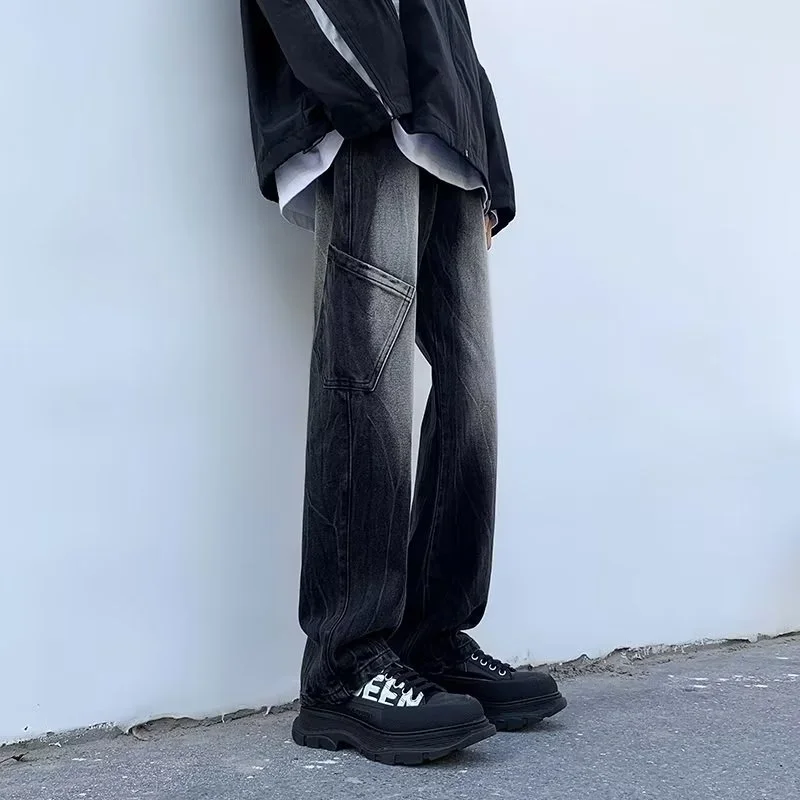 DEEPTOWN Designer Hip Hop Cargo Denim Pants Men Vintage Gothic Straight Jeans Loose Casual Trousers Male Streetwear Fashion