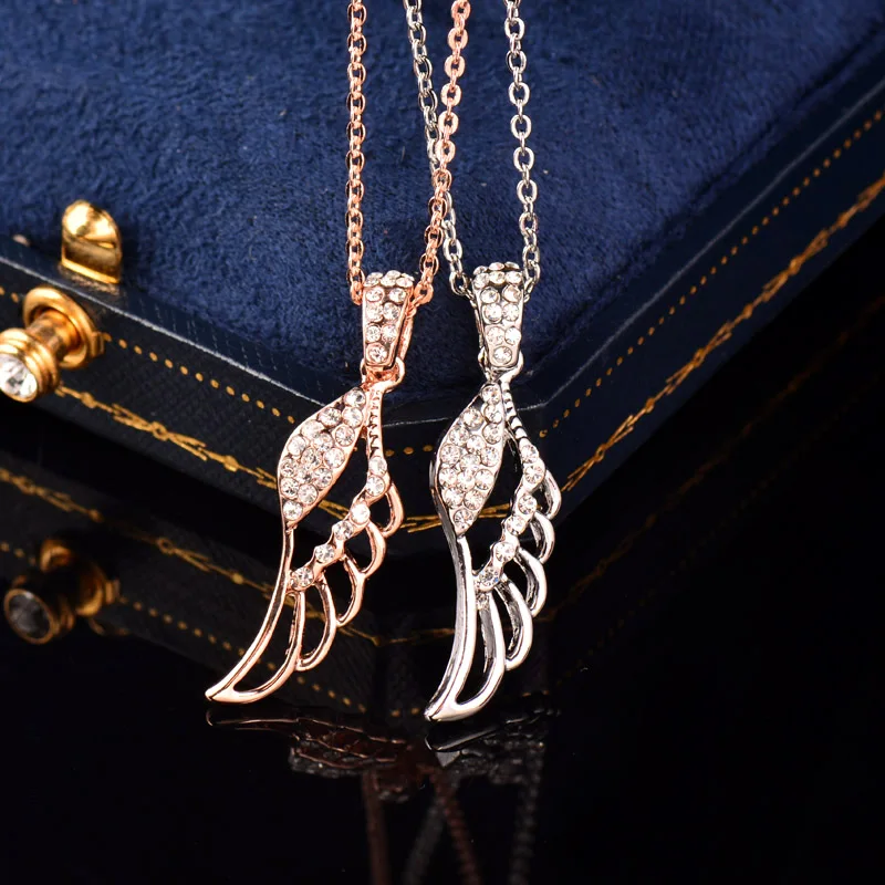 

KIOOZOL Romantic Hollow Crystal Wing Pendant Rose Gold Silver Color Choker Necklace for Women Fashion Popular Jewelry 539 KO1