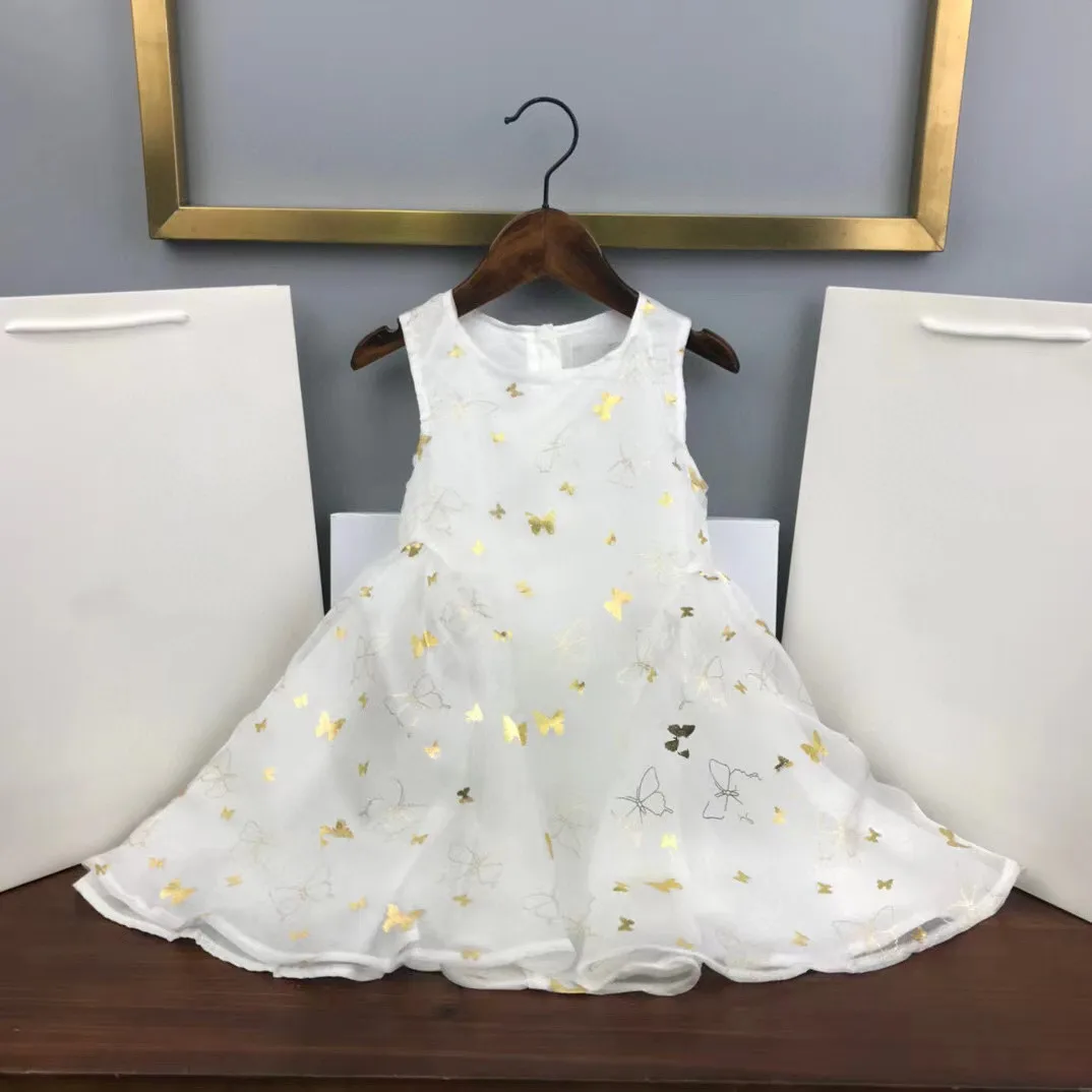 

2022 Summer high quality fashion brand white Printed Butterfly sleeveless Sweet Princess Dress Girl Dress 2 4 6 8 10 years old