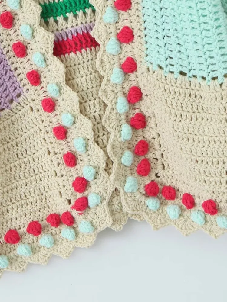 Женский винтажный свитер ручной работы вязаный крючком кардиган контрастных