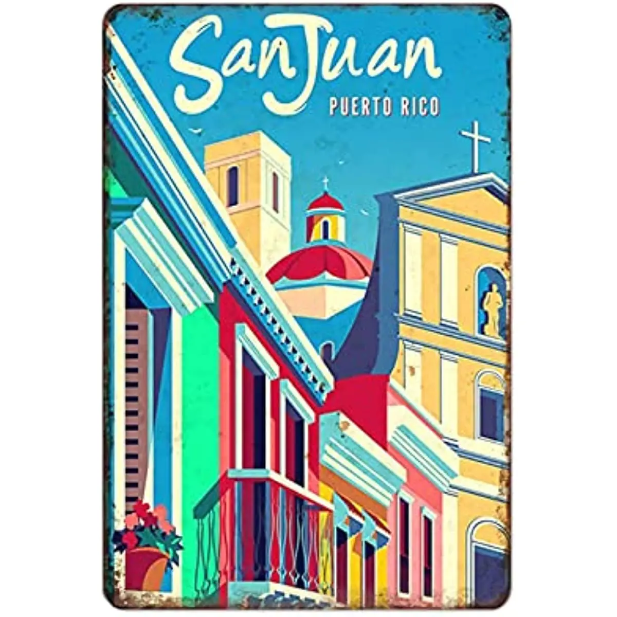 

New Metal Tin Sign Vintage Caribbean Old San Juan Cityscape Puerto Rico Island White for Home, Living Room