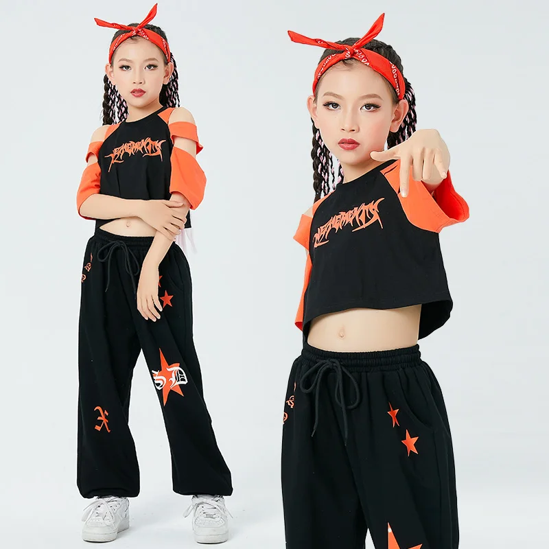

Детские костюмы для бальных танцев в стиле хип-хоп для девочек, укороченные топы, свободные брюки, одежда для уличных танцев, одежда для джазовых представлений и Рейв, DQS1246