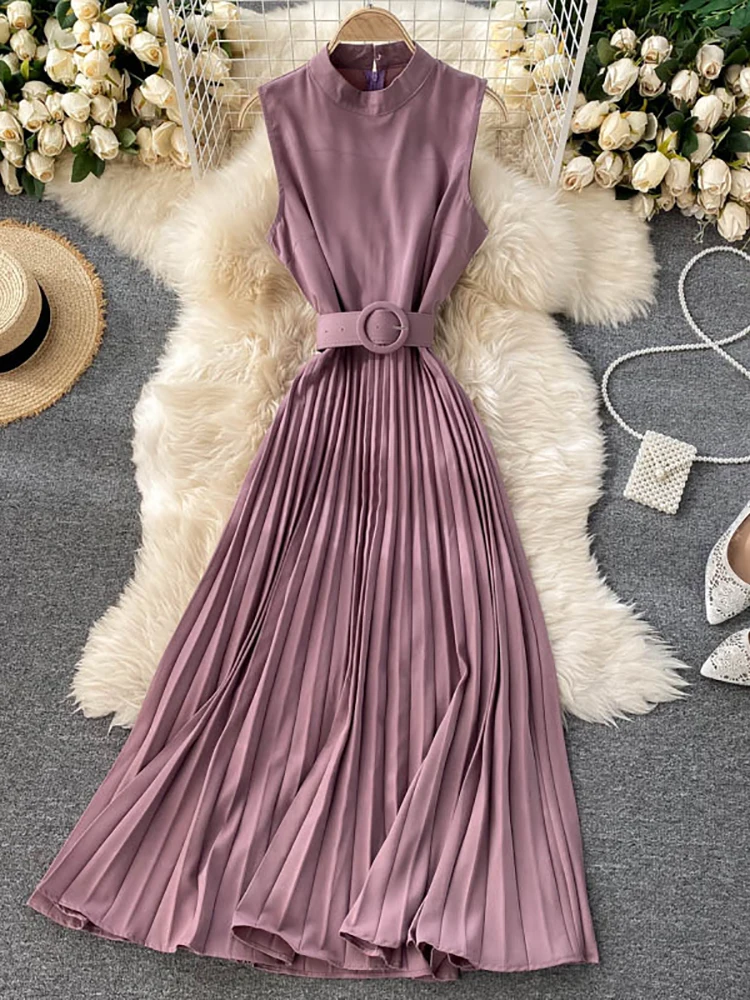 

Платье женское Плиссированное с высокой талией, винтажное фиолетовое/бежевое/Черное, с круглым вырезом, без рукавов, с поясом, 2020