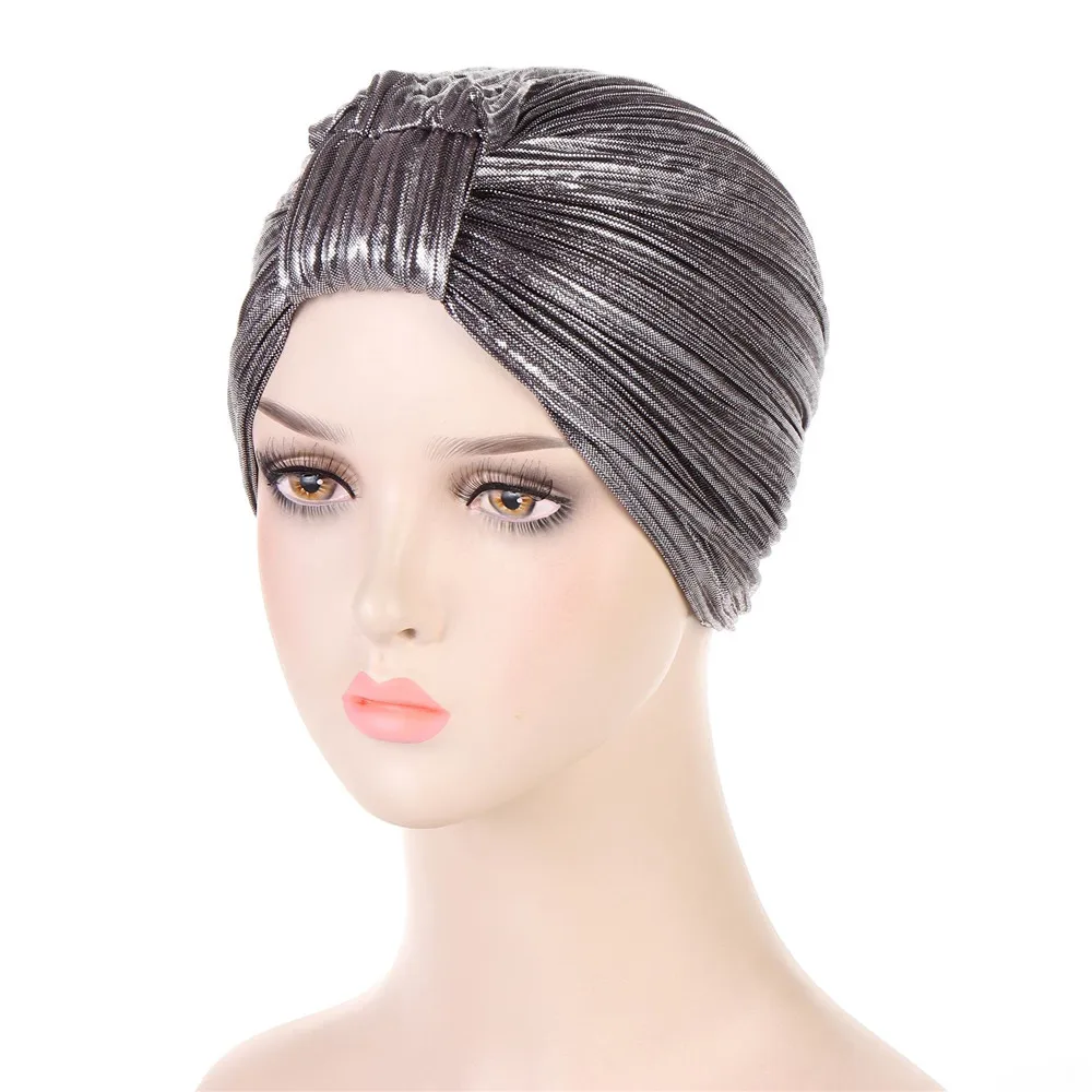 Latest Women Muslim Indian Turban Pleated Glitter Shiny Bonnet Chemo Cap Headwear Hijab Hair Loss Hat Cover Headscarf Wrap Caps images - 6