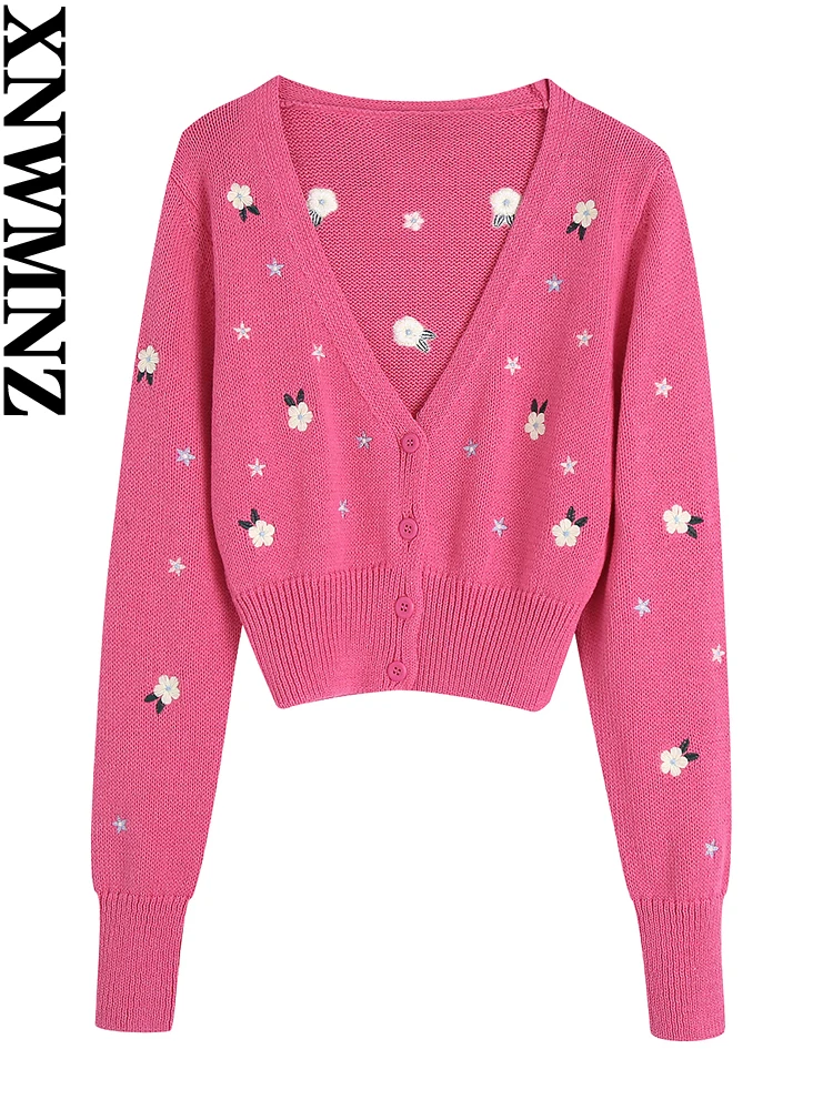 

XNWMNZ 2022 spring new women Fashion embroidery knit cardigan female v neck long sleeves Knitted top Ladies Sweet Knit Jacket