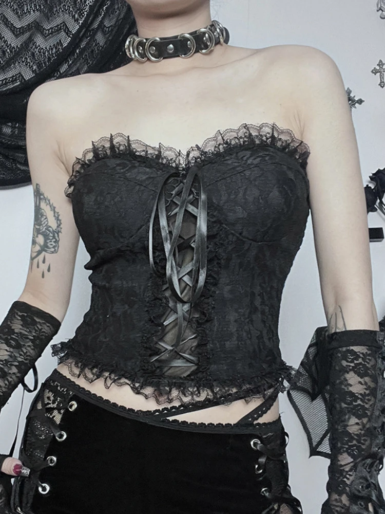 

Gothic Black Lace Trim Emo Alternative Aesthetic Crop Tops Y2K Mall Goth Crop Tops Women Backless Sexy Strap CamisTanks Tops