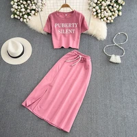 women summer clothes letter print casual crop tops long straight split skirt fitness outfits suit loose two piece 2pc sets new