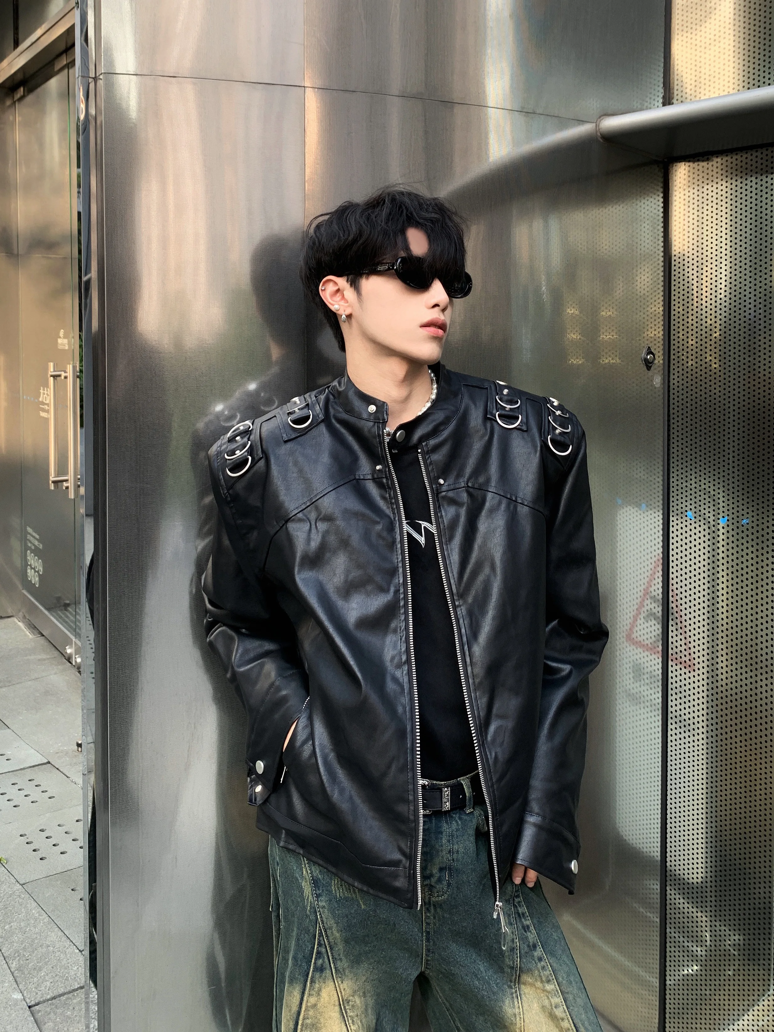 0H Studios/American vintage Distressed Shoulder Pad Motorcycle Leather Coat Outerwear Men's Design Sense Quilted Crop jacket