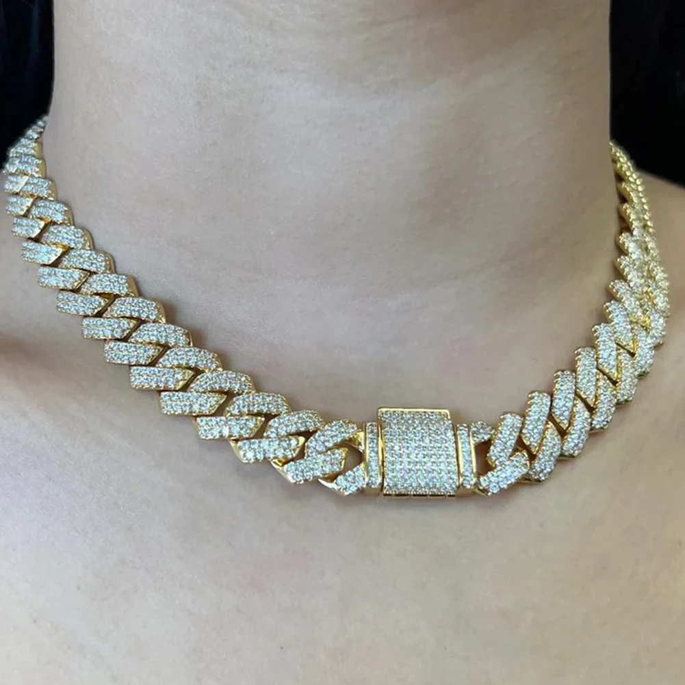 

Gold Color Rhinestones Paved Prong Miami Cuban Link Chain Necklace For Women Men Iced Out 2 Row Rhombus Cuban Chain Gift Jewelry
