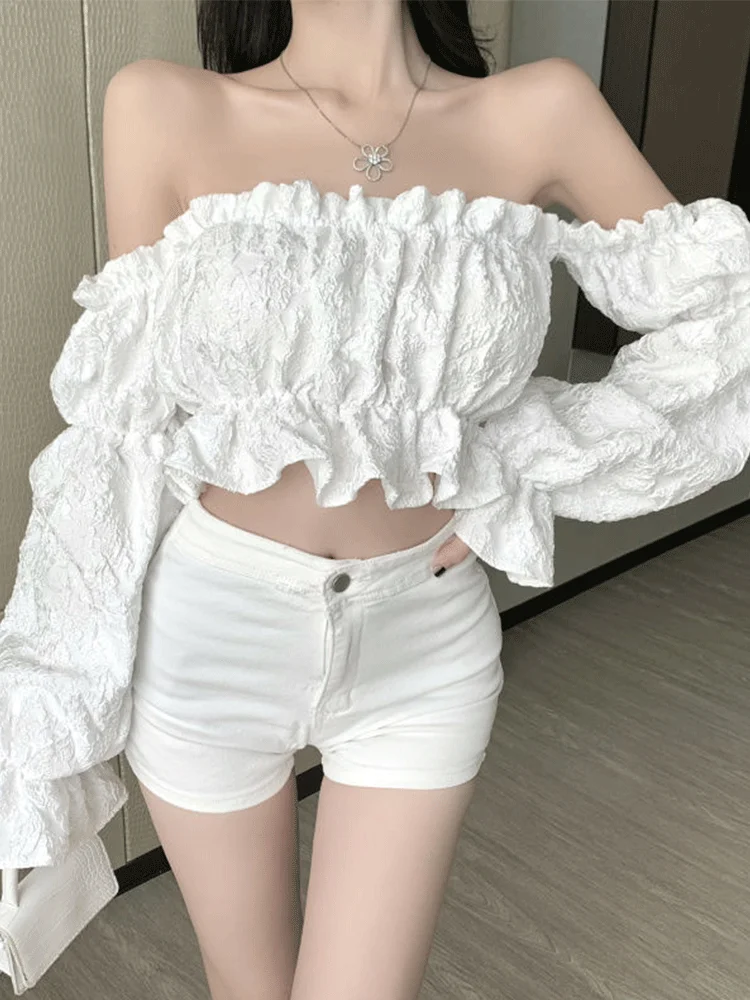 Женский топ с рукавами-фонариками пикантная блузка открытыми плечами Топ