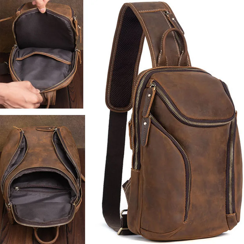 

Men's Retro Genuine Leather Top Layer Cowhide Shoulder Bags Waterproof Crossbody Travel Chest Sling Bag Messenger Pack for Male
