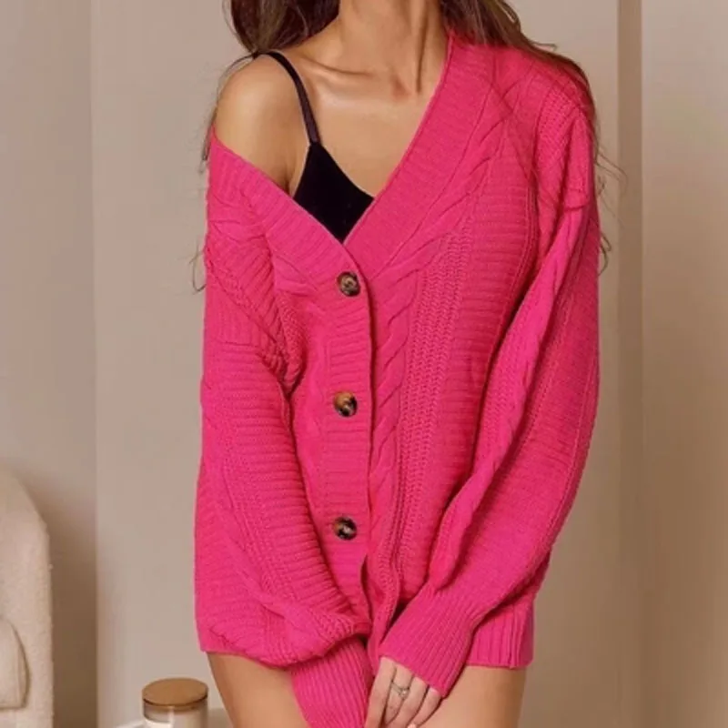 

Casual Warm Long Sleeve V-Neck Button Sweaters Retro Harajuku Loose Cardigan Streetwear Autumn Twist Knitted Women Sweater Coats