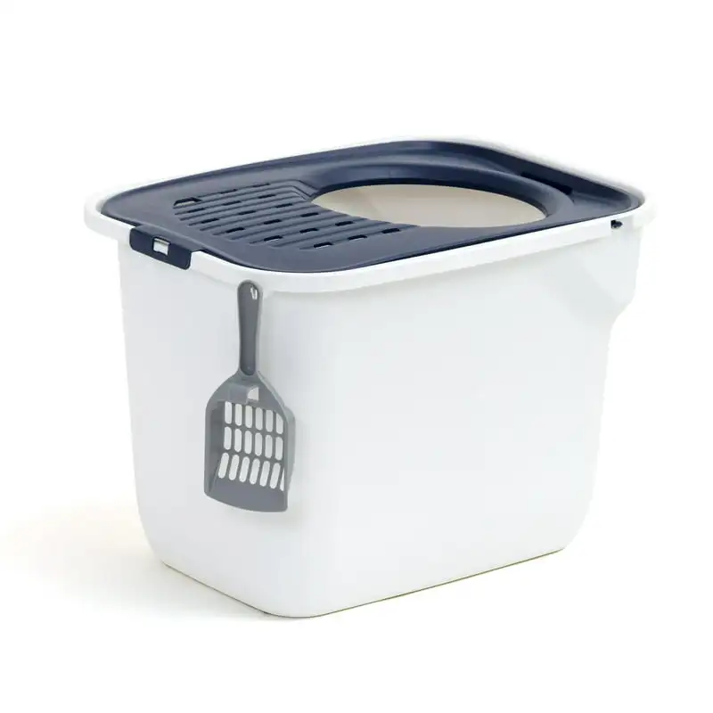 

Square Top White Entry Cat Litter Box with Navy Sand Catching Grooved Lid