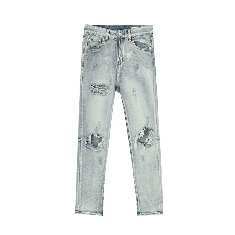 Men High Street Style Light Blue Jeans with Large Holes and Small Feet
