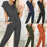 womens 2022 summer new sleeveless jumpsuit solid color waist tie casual straight pencil pants