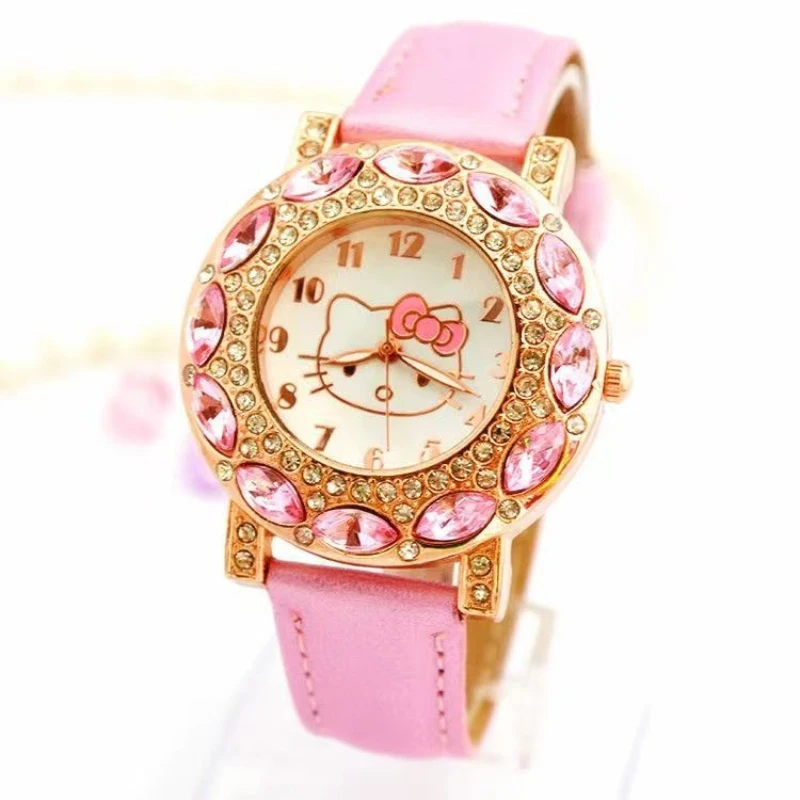 

Sanrio Hello Kitty Quartz Watch Fashion with Diamond Inlay Children's Watch Leather Strap Comfortable To Wear Kids Birthday Gift