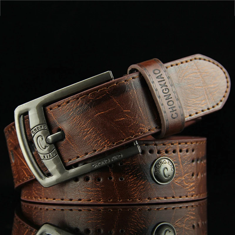 Men's Casual Retro Antique Hollow Belt Men's PU Leather High Quality Classic Belt Alloy Pin Buckle Belt