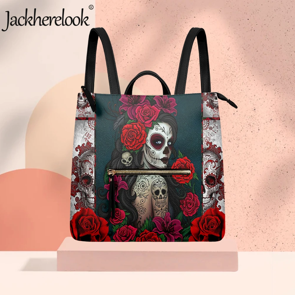

Jackherelook, женские рюкзаки из искусственной кожи с рисунком красной розы и черепа для девушек, повседневная женская школьная сумка большой вместимости, сумка для книг, ранец