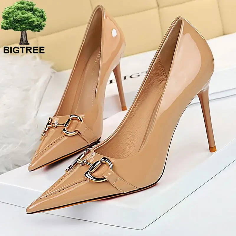 

BIGTREE Shoes Metal Button Woman Pumps Patent Leather High Heels Luxurious Sexy Party Shoes Stiletto Heels Ladies Large Size 43