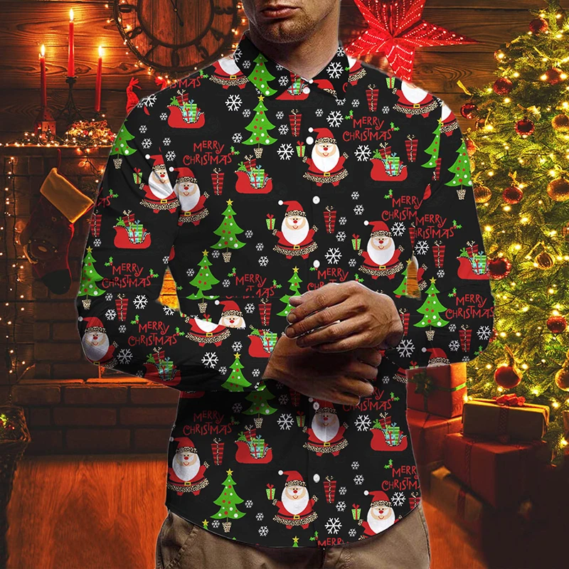 New Men's Santa Snowman Print Shirt Casual Fashion Long Sleeve Lapel Button Wild Top Creative Slim Festive Decoration Shirt