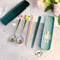 cartoon tableware set stainless steel chopsticks spoon with box children student portable lunch box household kitchen cultery