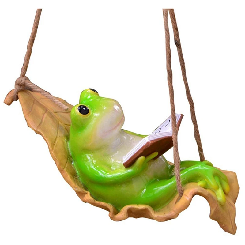 

Hanging Hammock Swing Frog,Leisurely Frog Reading Leaf Swing Statue Figurine Indoor Outdoor Ornament Home Garden Decor