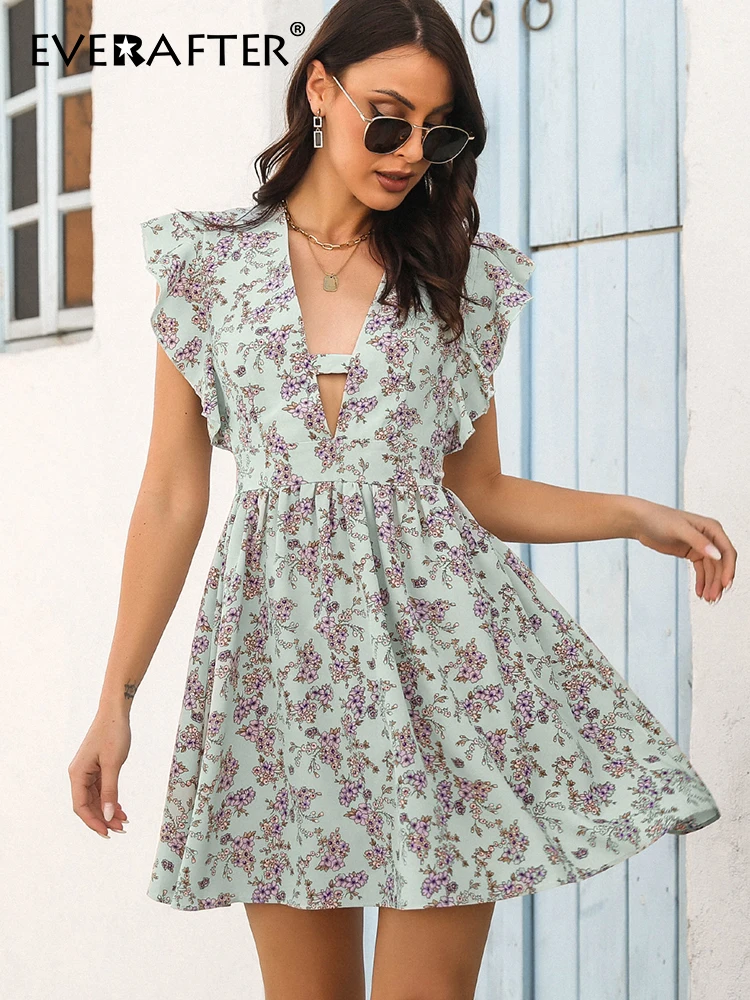 

EVERAFTER Элегантное летнее платье с цветочным принтом, женское пляжное мини-платье с v-образным вырезом и оборками, с высокой талией, без рукаво...