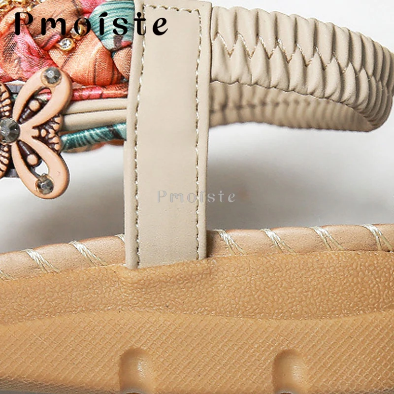 Women Sandals Summer Bohemia Rhinestones Holiday Beach Sandals Twist Ankle Strap Thick Sole Shoes for Women Soft Flip Flops 2023