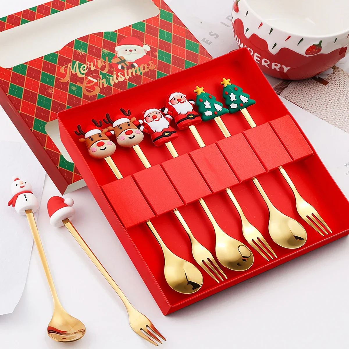 6 шт. Рождественская шляпа елка десерт вилка ложка набор столовых приборов для