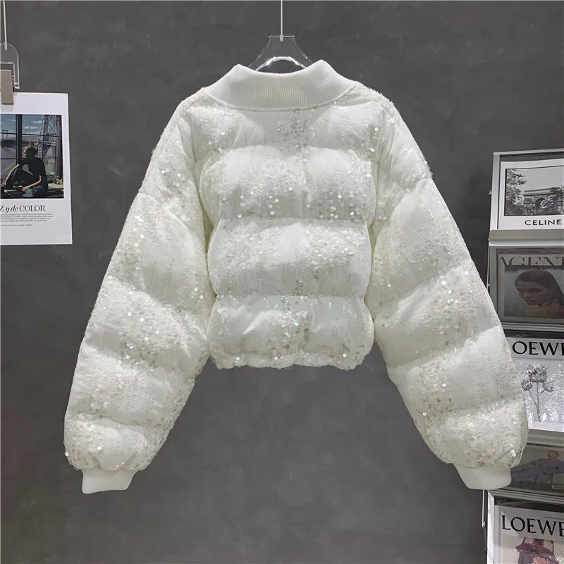 Luxury Sequins Thickened Puffer Jacket Female 2022 Winter Sweet Slimming Down Cotton Coat Jacket Lady Stand Collar White Parkas enlarge