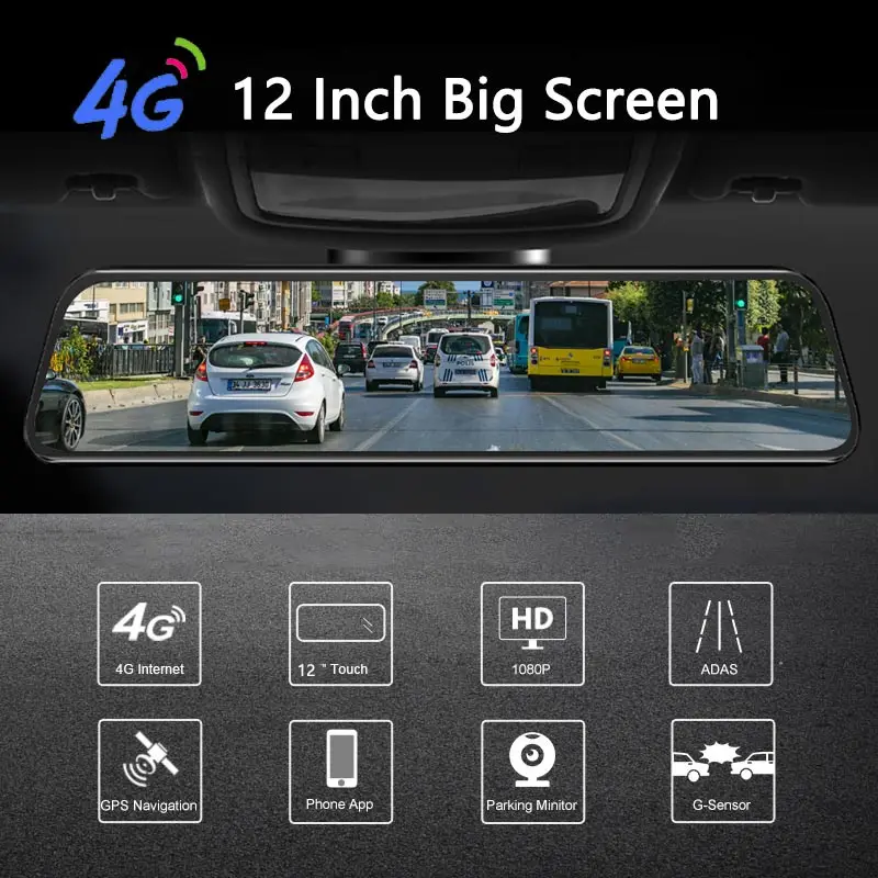 $64.21 Latest 12 Inch 4G Android Rearview Mirror Car DVR HD 1080P GPS WIFI ADAS Dash Cam Dual Lens Recorder Auto Camera Registrar DVRs