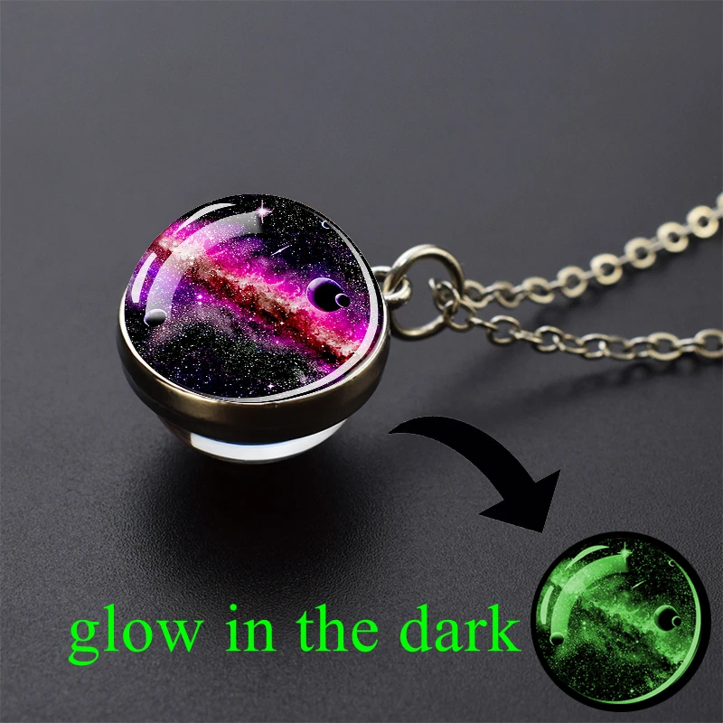 

Glow In The Dark Galaxy Necklace Space Planet Pendant Universe Jewelry Solar System Nebula Glass Ball Luminous Necklace