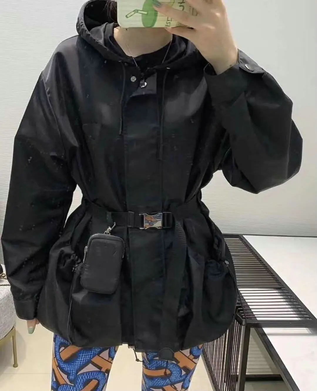 

Spring Autumn Women jacket coat Pocket Long Sleeve Hooded Trench Coat Waist Bag High Quality nylon windbreaker