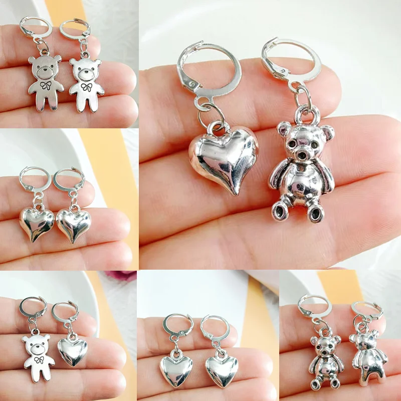 

Women Prevent Allergy Silver Color Hoop Earrings Vintage Accessories Little Bear LOVE Heart Asymmetric Party Jewelry