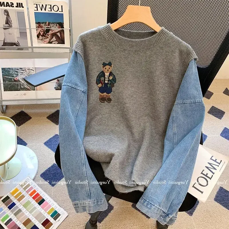 Свитер из двух частей Bear с эффектом иллюзии Женский пуловер в стиле пэчворк