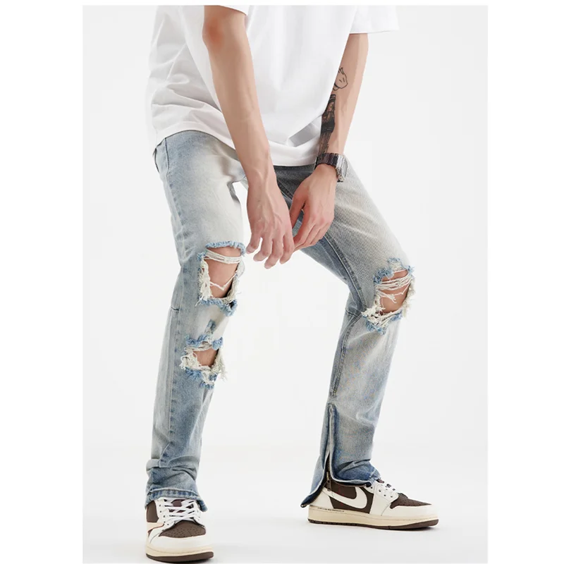 Streetwear Men 2022 Fashion New Pattern Recreational Blue Pants Straight Cylinder Comfortable Loose Ripped Jeans Autumn Female