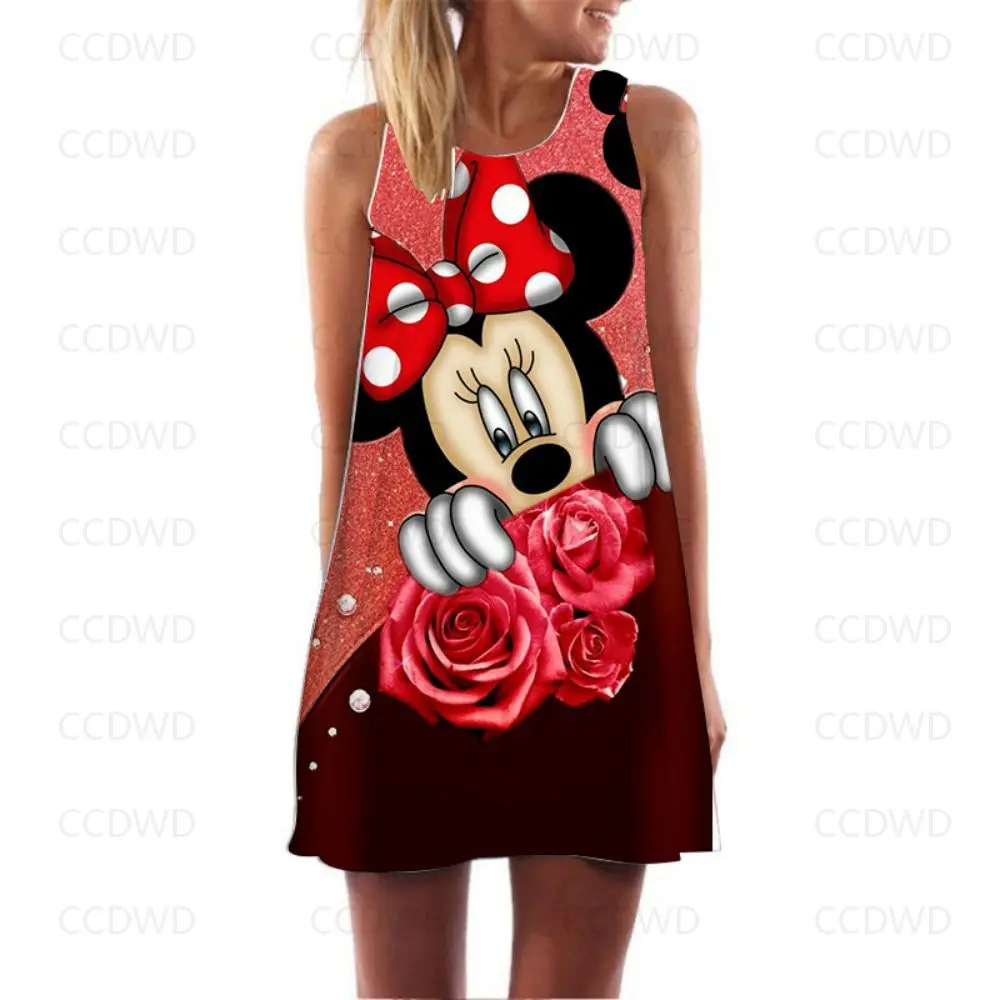 

Party Dresses Minnie Mouse Sexy Y2k Mickey Women's Summer Sundresses Cool Cover-ups Boho Woman 2022 Sleeveless Mini Dress Print