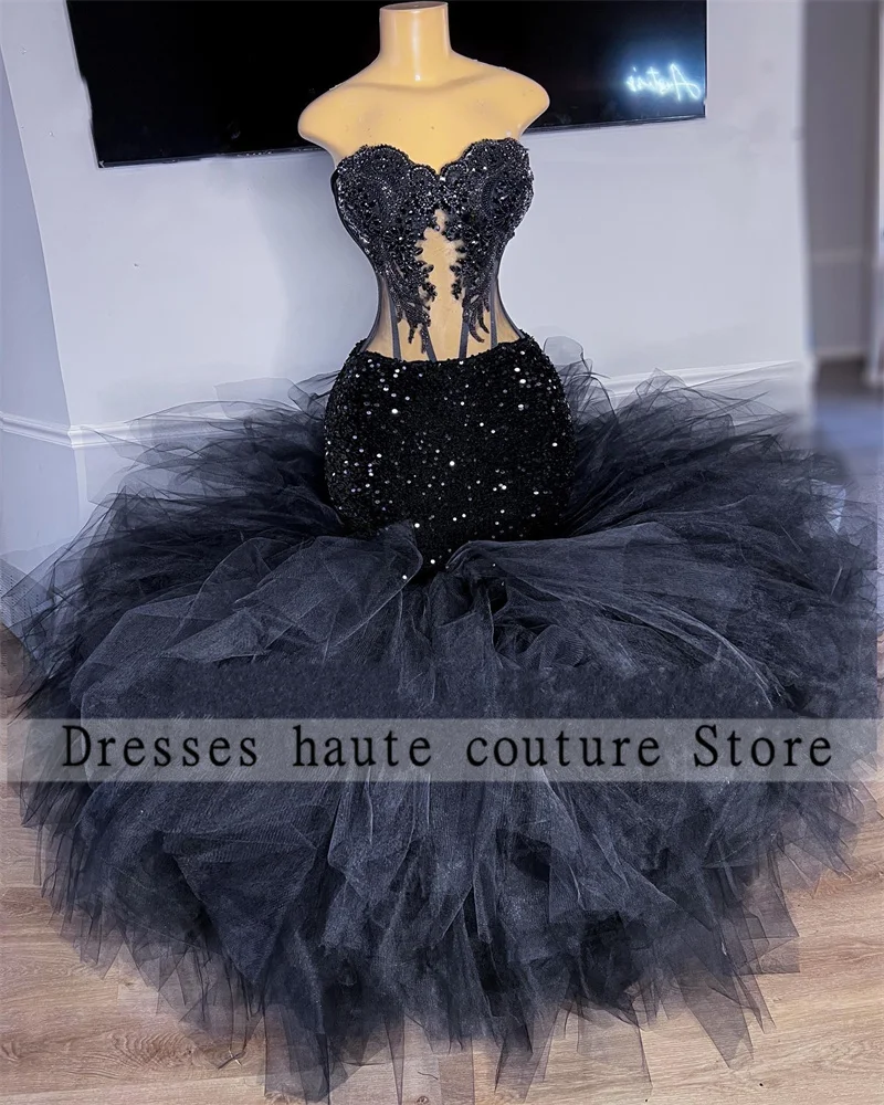 

Black Sweetheart Mermaid Prom Dresses 2023 For Black Girls Beaded Appliques Birthday Party Gowns Ruffles Lace-up Evening Dress