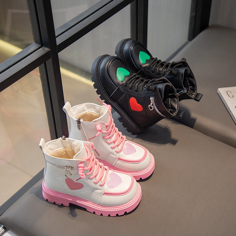 

New Girls Short Boots Love Patch Side Zipper Fashion Children Spring Autumn PU Round-toe Cute Kids Boots Drop Shipping Non-slip