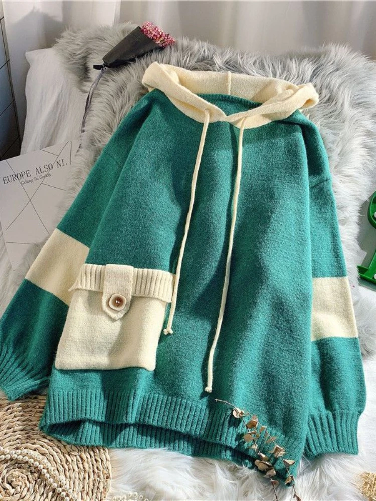 

Пуловер женский с капюшоном, повседневный свободный трикотажный свитер контрастных цветов в стиле преппи, с карманами, на завязках, в Корей...