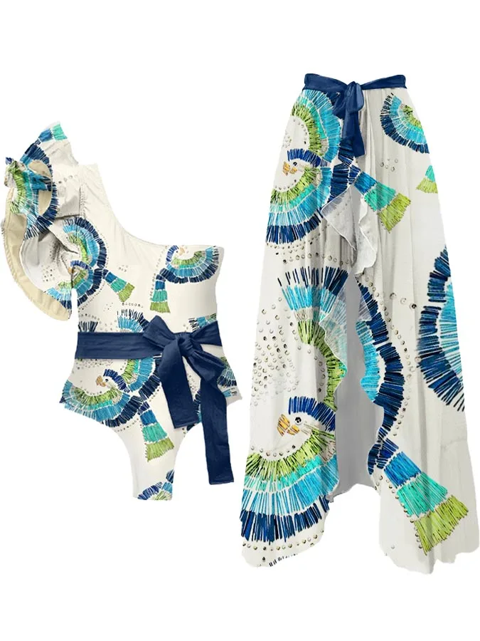 

New Fashion Women's Swimsuit Fashion Floral Print Ruffle Colorblock One-Piece Swimsuit Deep-V Bathing Suit Summer Beach Wear